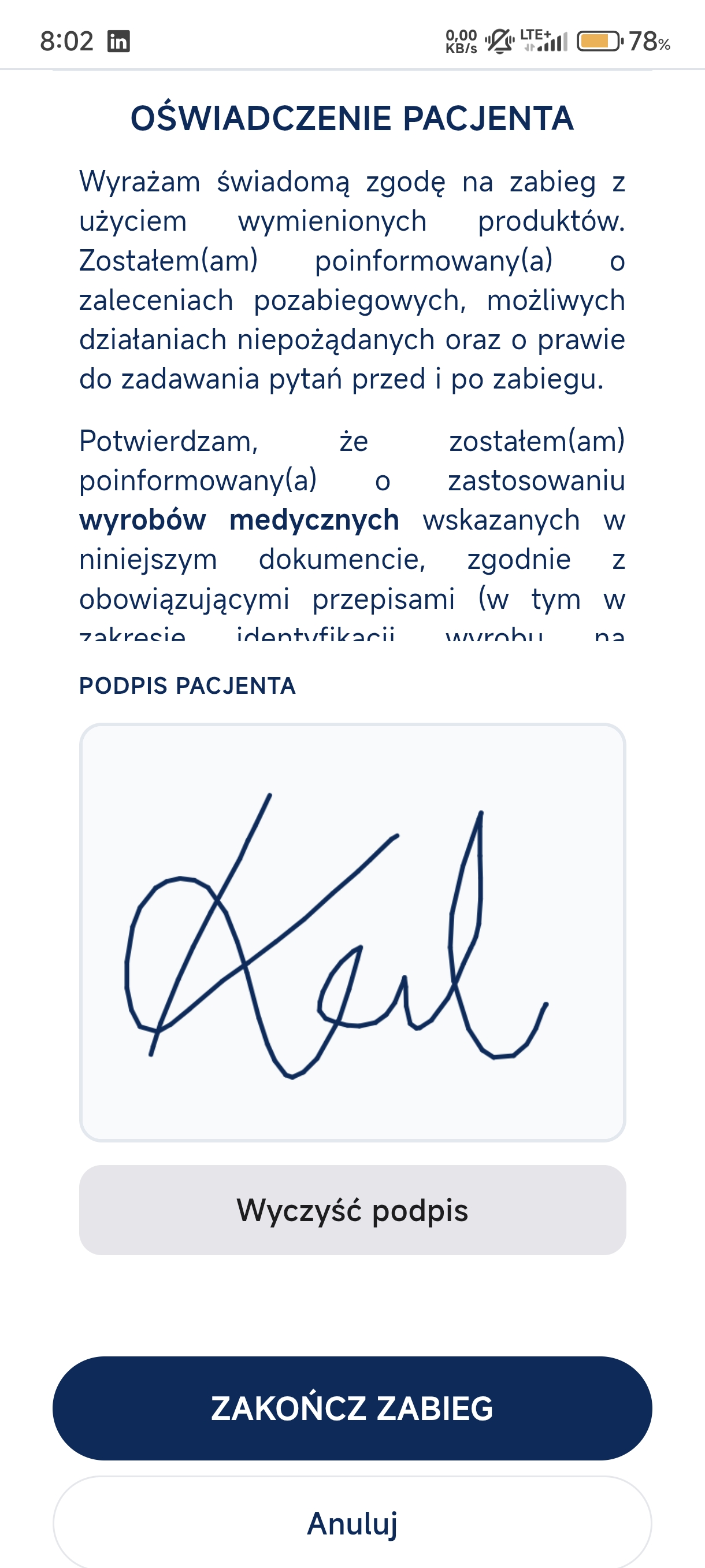 Podpis cyfrowy pacjenta na ekranie w MDR Safety Hub