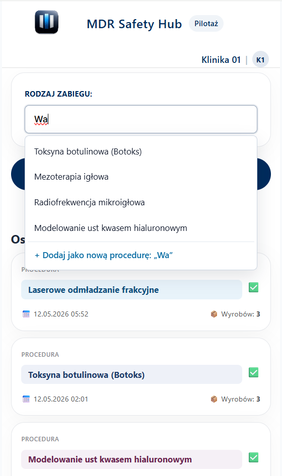 Ekran wyboru procedury i otwarcia sesji w MDR Safety Hub