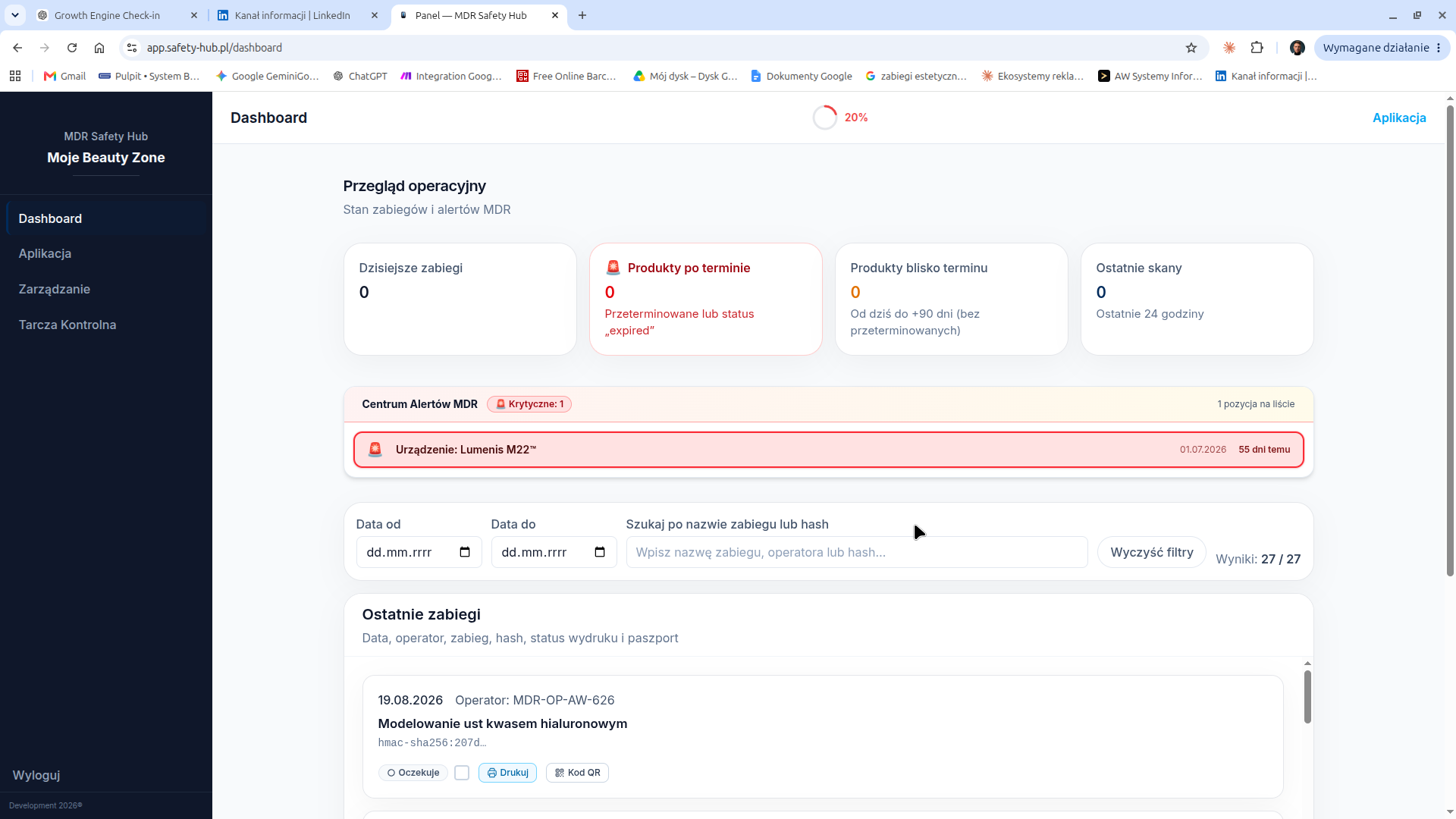 Dashboard MDR Safety Hub z przeglądem zabiegów, alertów i terminów