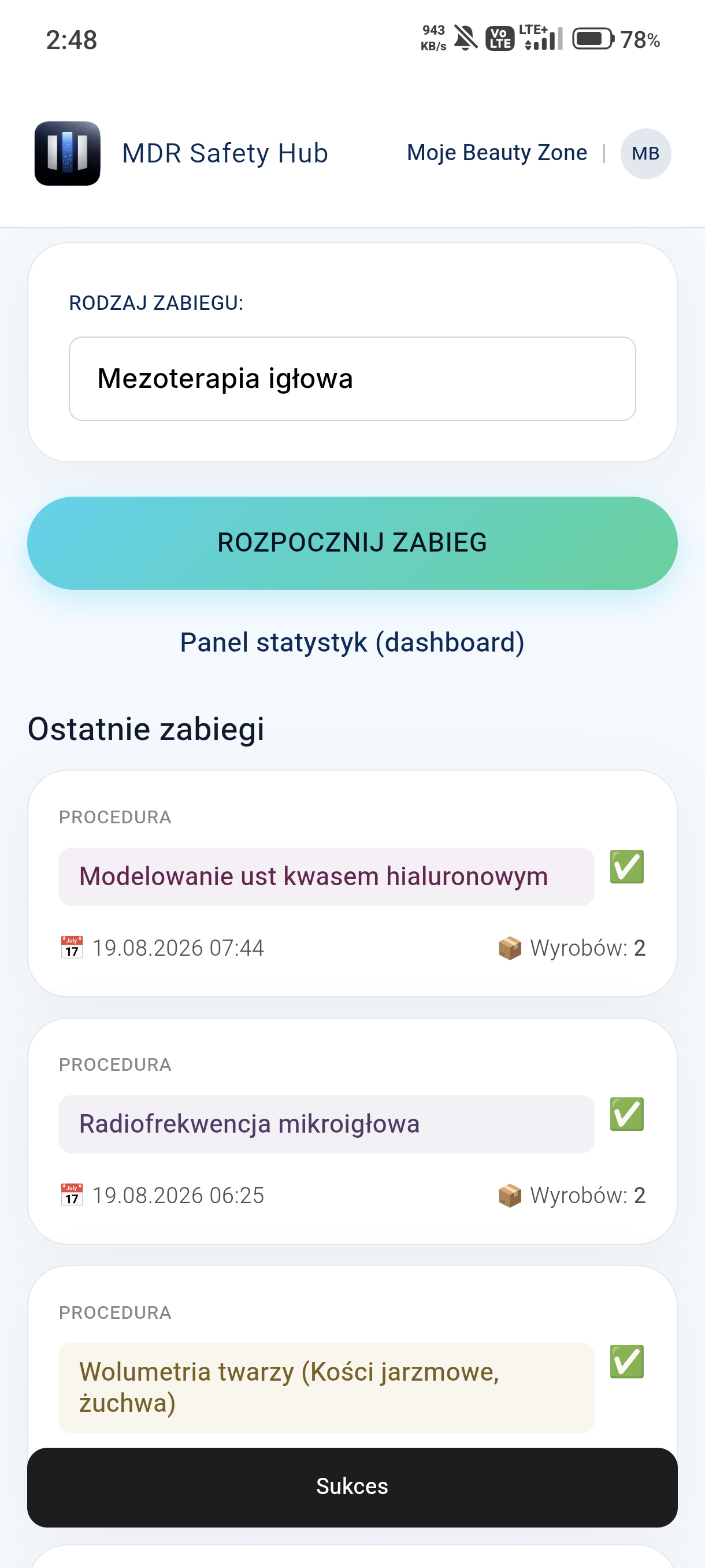 Wybór procedury w kreatorze zabiegu MDR Safety Hub